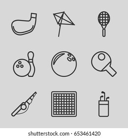 Hobby icons set. set of 9 hobby outline icons such as kite, tennis rocket, bowling, golf stick, table tennis, chess board, bowling ball, fishing rod