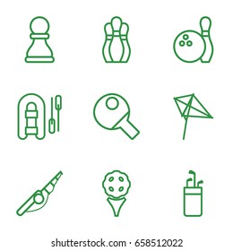 Hobby icons set. set of 9 hobby outline icons such as kite, chess pawn, bowling, table tennis, fishing rod, inflatable boat, golf