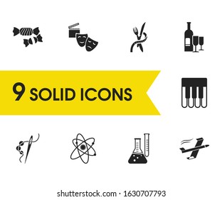 Hobby icons set with aeromodilling, diet and physics elements. Set of hobby icons and laboratory concept. Editable vector elements for logo app UI design.