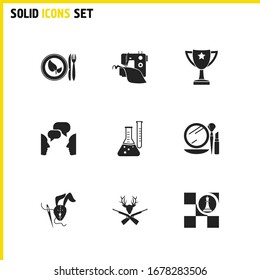 Hobby icons set with award cup, chess and healthy food elements. Set of hobby icons and cosmetics concept. Editable vector elements for logo app UI design.