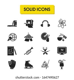 Hobby icons set with book library, billiard and tailoring elements. Set of hobby icons and skater concept. Editable vector elements for logo app UI design.