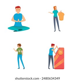 Hobby icons set cartoon vector. Man and woman busy with different things. Activity, occupation, pastime