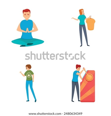 Hobby icons set cartoon vector. Man and woman busy with different things. Activity, occupation, pastime