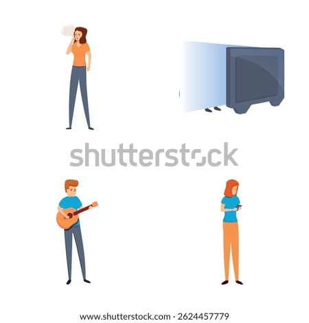 Hobby icons set cartoon vector. Man and woman busy with different things. Activity, occupation, pastime