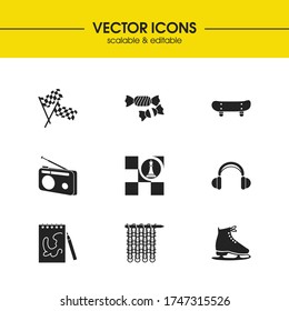 Hobby icons set with chess, racing flag and radio elements. Set of hobby icons and skater concept. Editable vector elements for logo app UI design.