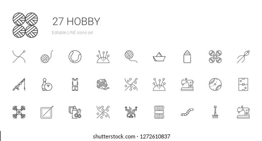hobby icons set. Collection of hobby with worm, wool, drone, sewing, handcraft, sewing machine, needles, yarn ball, sportswear, bowling, fishing rod. Editable and scalable hobby icons.