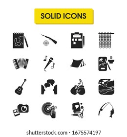 Hobby icons set with cooking, guitar and scrapbooking elements. Set of hobby icons and notepad concept. Editable vector elements for logo app UI design.