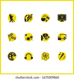 Hobby icons set with dancing, sculpting and cinema elements. Set of hobby icons and conversation concept. Editable vector elements for logo app UI design.