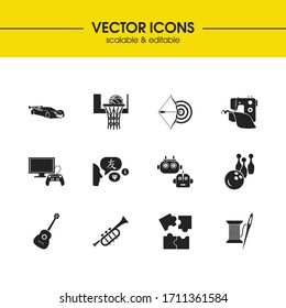 Hobby icons set with guitar, puzzle and sewing elements. Set of hobby icons and jigsaw concept. Editable vector elements for logo app UI design.