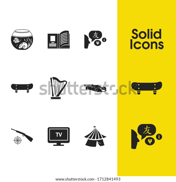 Hobby icons set with harp, tv and gun elements.\
Set of hobby icons and extreme board concept. Editable vector\
elements for logo app UI\
design.
