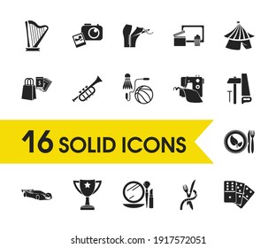 Hobby icons set with healthy food, tailoring and diet elements. Set of hobby icons and cosmetics concept. Editable vector elements for logo app UI design.