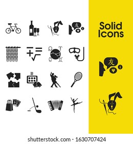Hobby icons set with languages, making toy and ballet dancer elements. Set of hobby icons and sewing concept. Editable vector elements for logo app UI design.