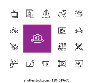 Hobby icons. Set of  line icons. Webinar, music, art. Hobby concept. Vector illustration can be used for topics like leisure, activity, movie.