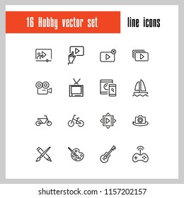 Hobby icons. Set of line icons. Webinar, music, art. Hobby concept. Vector illustration can be used for topics like leisure, activity, movie.