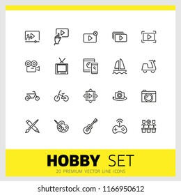Hobby icons. Set of line icons. Webinar, music, art. Hobby concept. Vector illustration can be used for topics like leisure, activity, movie.