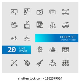 Hobby icons. Set of line icons. Webinar, music, art. Hobby concept. Vector illustration can be used for topics like leisure, activity, movie.