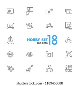 Hobby icons. Set of line icons. Webinar, music, art. Hobby concept. Vector illustration can be used for topics like leisure, activity, movie.