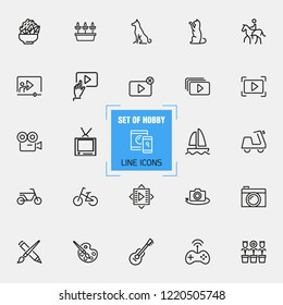 Hobby icons. Set of line icons. Webinar, music, art. Hobby concept. Vector illustration can be used for topics like leisure, activity, movie.