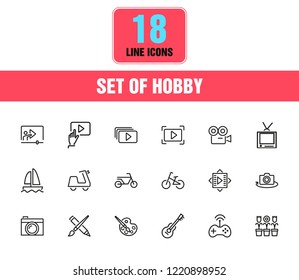 Hobby icons. Set of line icons. Webinar, music, art. Hobby concept. Vector illustration can be used for topics like leisure, activity, movie.