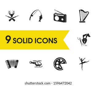 Hobby icons set with making toy, fishing and copter elements. Set of hobby icons and sewing concept. Editable vector elements for logo app UI design.