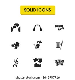 Hobby icons set with making toy, headphones and diet elements. Set of hobby icons and communication concept. Editable vector elements for logo app UI design.