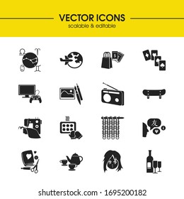 Hobby icons set with shopping, playing cards and wine bottle elements. Set of hobby icons and game controller concept. Editable vector elements for logo app UI design.