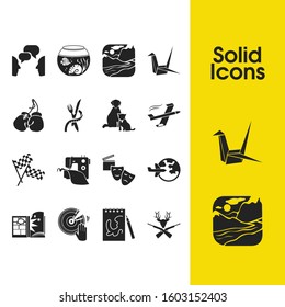 Hobby icons set with sketching, pets and aquarium elements. Set of hobby icons and deer concept. Editable vector elements for logo app UI design.