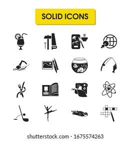 Hobby icons set with sport car, reading and carpentry elements. Set of hobby icons and meal concept. Editable vector elements for logo app UI design.