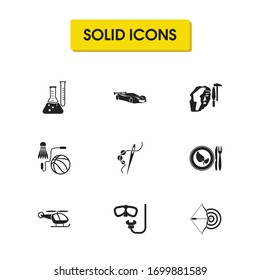 Hobby icons set with sports, copter and sport car elements. Set of hobby icons and scuba concept. Editable vector elements for logo app UI design.