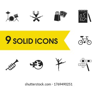 Hobby icons set with travelling, ballet dancer and biking elements. Set of hobby icons and rebus concept. Editable vector elements for logo app UI design.