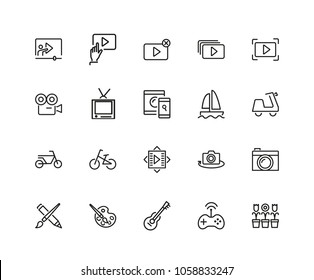 Hobby icons. Set of twenty line icons. Webinar, music, art. Hobby concept. Vector illustration can be used for topics like leisure, activity, movie.