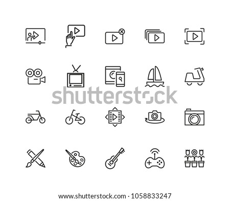 Hobby icons. Set of twenty line icons. Webinar, music, art. Hobby concept. Vector illustration can be used for topics like leisure, activity, movie.