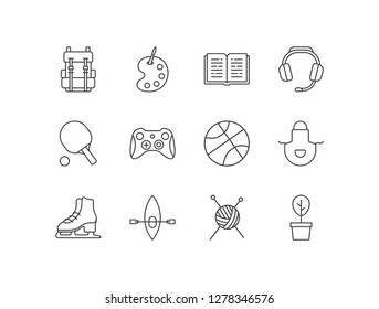 Hobby and interests line icons with camping, painting, reading, music, table tennis, gaming, basketball, cooking, figure skating, kayaking, knitting, gardening.