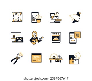 Hobby for an introvert - line design style icons set with editable stroke. Board games, puzzles and origami, computer, playing the guitar, blogging, carpentry and baking. Interesting leisure idea
