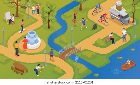 Hobby isometric background with people doing various leisure activities in park men and women riding bikes fishing painting 3d vector illustration