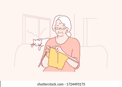 Hobby, Knitting, Concept. Happy Mature Smiling Old Woman Grandmother Pensioner Senior Citizen Sitting On Couch Living Room At Home And Crocheting. Leisure Time Rest Relaxation At Weekend Illustration.