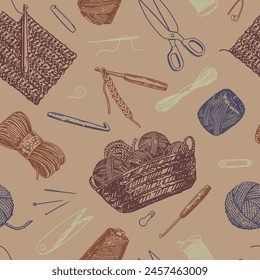 Hobby, knitwork seamless pattern. Ornament of crochet hook, yarn, stitch marker, handicraft tools. Vector design in engraving style. svg