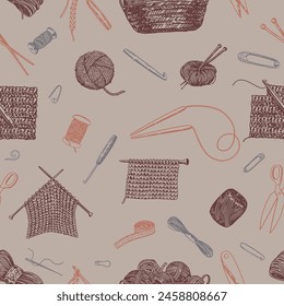 Hobby, knitwork seamless pattern. Ornament of knitting needles, crochet hook, yarn, stitch marker, handicraft tools. Vector design in retro style. svg