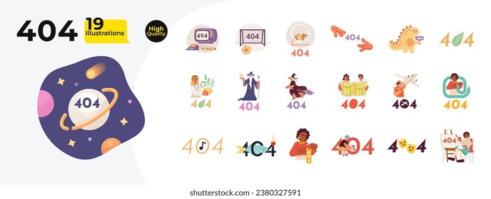 Hobby leisure 404 error isolated illustration bundle. Halloween, cute animals not found, no result cartoon clip arts on white background. Crafting, travel color error message collection ui design