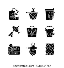 Hobby and leisure activities black glyph icons set on white space. Fishing. cooking freshly caught fish. Spearfishing. Fishing rod and reel. Silhouette symbols. Vector isolated illustration