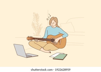 Hobby, leisure activities during quarantine concept. Young teen smiling girl sitting at home and learning playing guitar during online training during coronavirus pandemic and lockdown illustration 