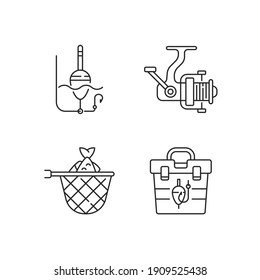 Hobby and leisure activities linear icons set. Special fishery equipment. Tackle box. Customizable thin line contour symbols. Isolated vector outline illustrations. Editable stroke