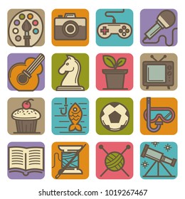 Hobby and leisure time activities bright icons set