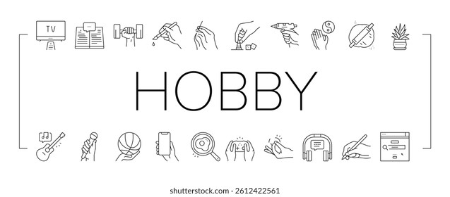 Hobby Leisure Time Collection Icons Set Vector. Watching Tv And Playing Video Game, Play On Guitar And Reading, Singing And Cooking Black Contour Illustrations