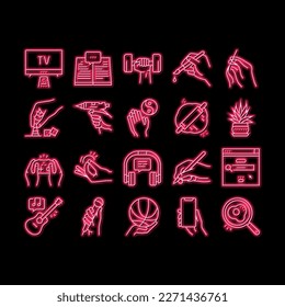 Hobby Leisure Time neon light sign vector. Watching Tv And Playing Video Game, Play On Guitar And Reading, Singing And Cooking Illustrations