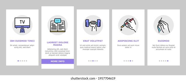 Hobby Leisure Time Onboarding Mobile App Page Screen Vector. Watching Tv And Playing Video Game, Play On Guitar And Reading, Singing And Cooking Illustrations