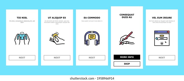 Hobby Leisure Time Onboarding Mobile App Page Screen Vector. Watching Tv And Playing Video Game, Play On Guitar And Reading, Singing And Cooking Illustrations