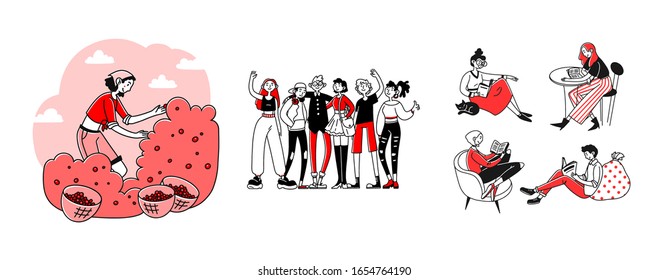 Hobby and leisure time set. People picking berries, reading book, meeting friends. Flat vector illustrations. Activity, vacation, education concept for banner, website design or landing web page