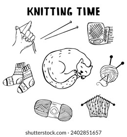Hobby and leisure.Knitting kit in doodle style.Vector illustration.