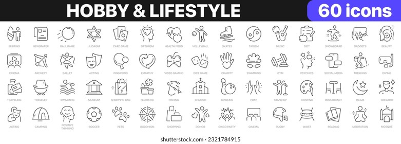 Hobby and lifestyle line icons collection. Religion, sport, game, fitness, music, cinema icons. UI icon set. Thin outline icons pack. Vector illustration EPS10